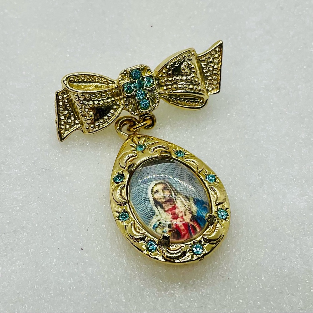 Miraculous Mary Catholic Gold Toned Brooch With Blue Rhinestones On Bow & Cross